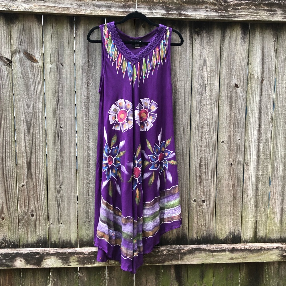 Ocean Breeze Hand Painted Purple Midi Dress Free Size Sequins Sleeveless